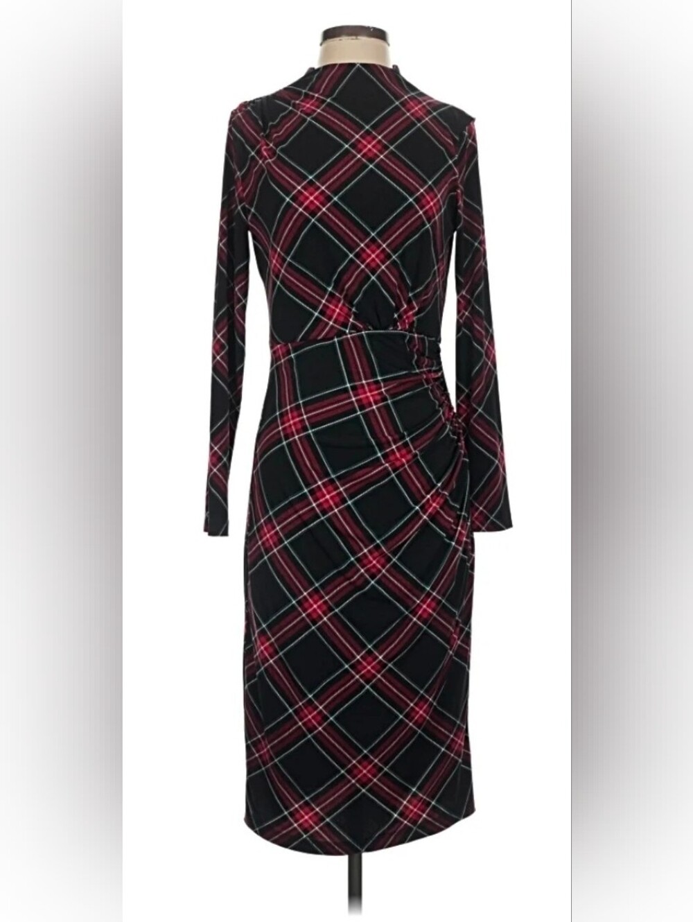 London Times Black & Red Plaid Ruched-Waist Midi Dress - Size 18